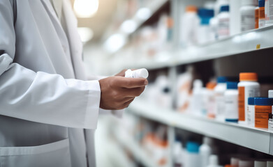 Pharmacist in pharmacy outfit holds in his hands a set of medicines for the patient, blurred background