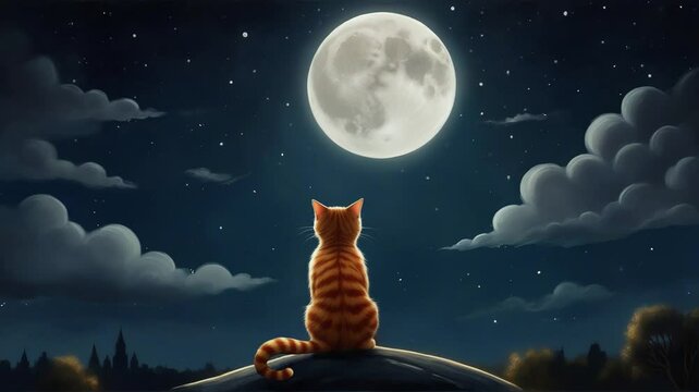 Cat on the roof with the full moon, twinkling stars, falling stars, Lofi animation