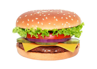 Big hamburger with beef cutlet and onion on transparent background