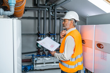 Gas refinery worker standing by pipes inside power plant and controlling production.