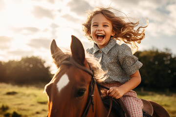 The portrait of a joyous young girl is riding on a dignified white race horse at a horse farm and her hair blown by wind. Generative AI. - obrazy, fototapety, plakaty