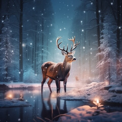 Beautiful Christmas scene with a deer in a winter snowy forest. 