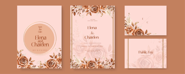 Brown rose vector wedding invitation card set template with flowers and leaves watercolor