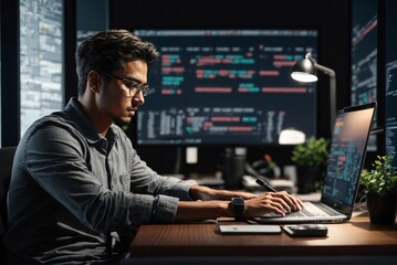 Professional Programmer Surrounded by Large Screens Displaying Programming Language, Creating Software