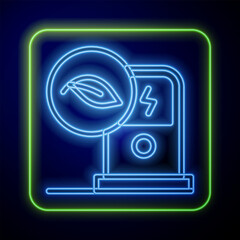 Glowing neon Electric car charging station icon isolated on blue background. Eco electric fuel pump sign. Vector