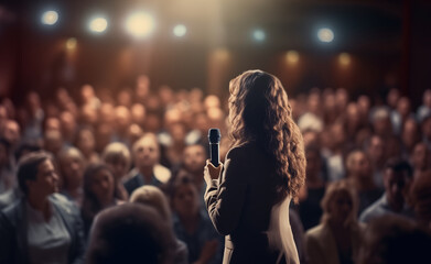 Rear view of motivational woman speaker standing on stage in front of audience for motivation speech on business event - obrazy, fototapety, plakaty