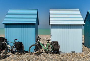 Blue wooden houses and bikes on the ocean Dieppe