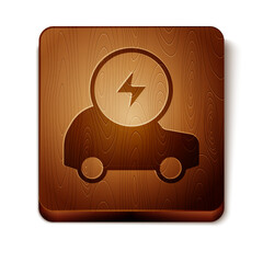 Brown Electric car and electrical cable plug charging icon isolated on white background. Renewable eco technologies. Wooden square button. Vector