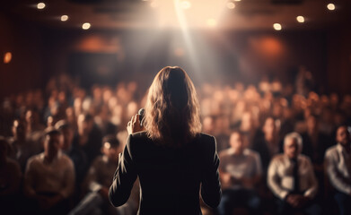 Rear view of motivational woman speaker standing on stage in front of audience for motivation speech on business event