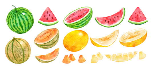 Watercolor set of watermelons and melons - obrazy, fototapety, plakaty