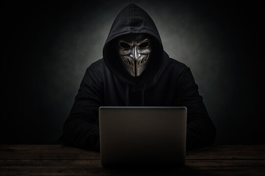 Malefactor, person in a black hooded cloak and mask with a laptop hacking internet resources, stealing data