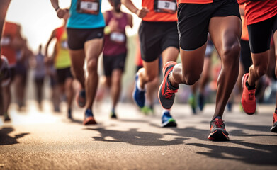 Close up of a Group of Men Runners Legs in a Road Race