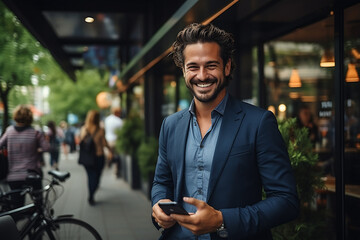 Portrait of a handsome young businessman using mobile phone while standing outdoors. ia generative - obrazy, fototapety, plakaty