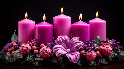 Obraz na płótnie Canvas Candles in Advent Wreath: Festive Pink and Purple Decoration for Christmas Celebration