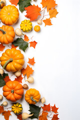 autumn decor with leaves, nuts and pumpkins