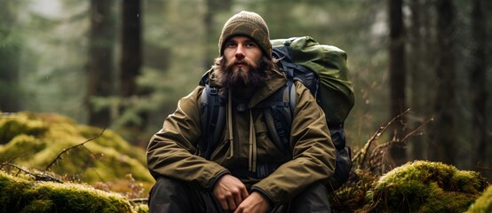 Obraz premium tourist with a tourist backpack with his back in the frame, Nordic landscape, forest and mountains, concept of tourism, travel, adventure, sports equipment