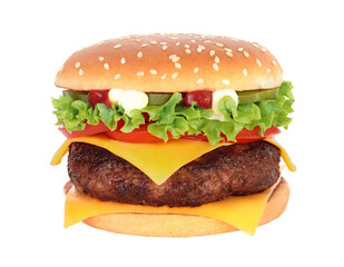Big hamburger with beef cutlet and onion on transparent background