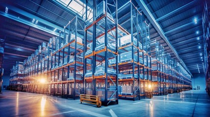 Large warehouse with rows of shelves and racks in a freight transportation warehouse - obrazy, fototapety, plakaty