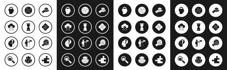 Set Project team base, Old hourglass with flowing sand, Ladder leading to cloud, Human gear inside, Piece of puzzle, hand and head question mark icon. Vector