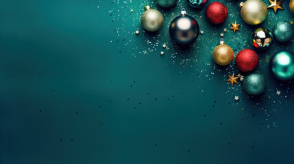 Sparkling Christmas Baubles On Teal Background