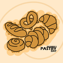 Line art illustrations of various pastry bread with bold text on light brown background to celebrate National Pastry Day on December 9th