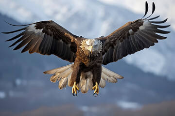 Obraz premium Majestic Eagle Soaring Over Snow-Capped Mountains: A Study in Flight, ai generative