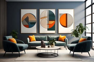 a living room with paintings in blue, yellow, and white, in the style of dark emerald and dark beige, luxurious geometry, minimalistic abstract compositions, dark green and orange, rounded forms, deli