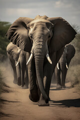 Fototapeta na wymiar A Majestic Journey: Herd of Elephants Marching Down a Dusty Trail in the Wild, ai generative