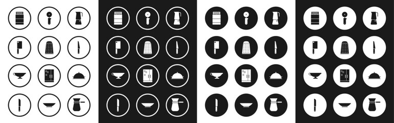 Set Moka pot, Grater, Meat chopper, Open matchbox and matches, Knife, Pizza knife, Covered with tray of food and Sauce boat icon. Vector