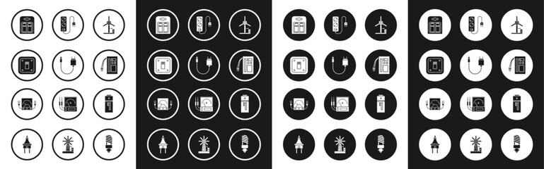 Set Wind turbine, Charger, Electric light switch, Battery pack, extension cord, and Ampere meter, multimeter, voltmeter icon. Vector