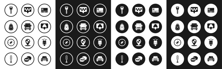 Set Laptop with location marker, Car, key remote, Map pointer taxi, Scooter and Compass icon. Vector