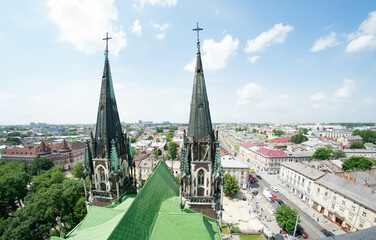 View of Lviv and the Catholic Church of Saints Olga and Elizabeth