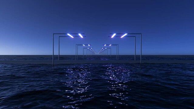 Evening sky, blue sea and bright neon lamps above the water, past which you swim to the horizon in video animation footage