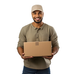 Smiling man holding a cardboard box isolated background