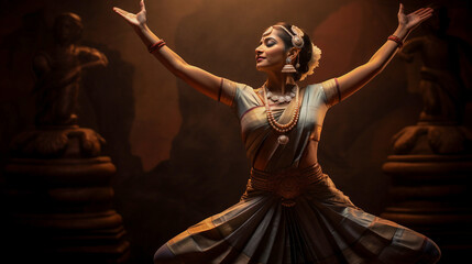 realistic photo capturing the grace and elegance of a Bharatanatyam dancer in a traditional...