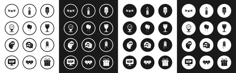 Set Ice cream, Balloons with ribbon, Location Vip, Carnival garland flags, Wine glass, Birthday cake candles, Firework rocket and inside head icon. Vector