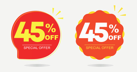 45% off. Tag, sticker, special offer. Advertising for sales, promo, discount, shop. Poster ten percent off price, value. Red and yellow balloon. Vector, symbol, icon
