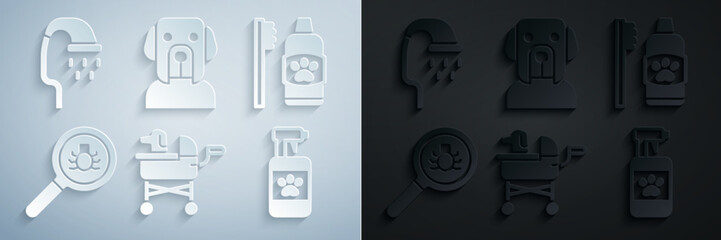 Set Pet stroller, Dental hygiene for pets, Flea search, shampoo, Dog and shower icon. Vector