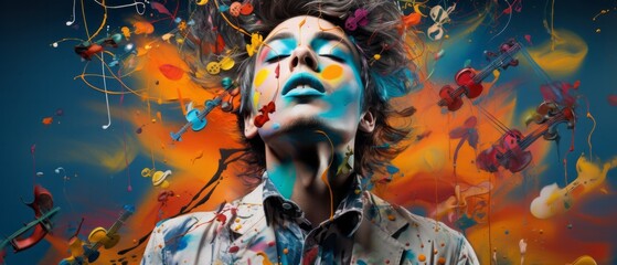 A person with face paint is caught in a burst of colors and artistic flair, exuding a sense of...