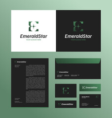 Modern E logo and brand identity template with stationery design