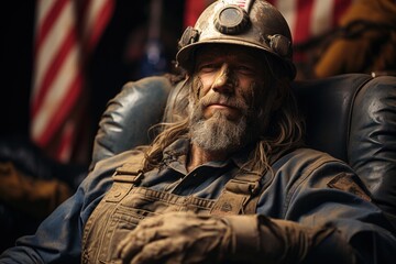 Fototapeta premium American worker in a safety helmet resting in a chair