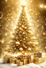 Gold sparkling christmas background with big and luxurious Christmas tree and snowflakes