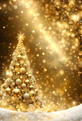 Fototapeta na wymiar Gold sparkling christmas background with big and luxurious Christmas tree and snowflakes