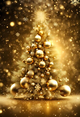 Obraz na płótnie Canvas Gold sparkling christmas background with big and luxurious Christmas tree and snowflakes