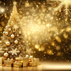 Gold sparkling christmas background with big and luxurious Christmas tree and snowflakes