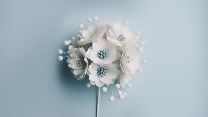 White artificial flowers on a minimal blue background