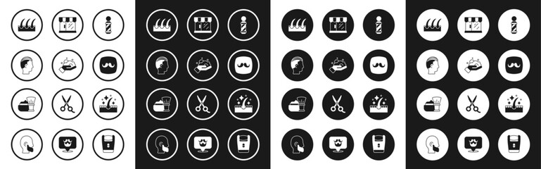 Set Classic Barber shop pole, Shaving foam on hand, Hairstyle for men, Human hair follicle, Barbershop, building, Oil care treatment and brush with icon. Vector