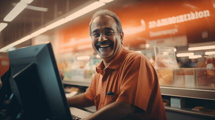 Happy senior Indian man working as a cashier at the supermarket - obrazy, fototapety, plakaty