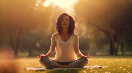 A beautiful Indian woman meditating at a public park in the morning light