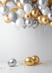 Happy birthday. Balloons, foil balloons, birthday balloons, glitter confetti, elements. Party design in white, gold and silver. Bright background for product presentation and text.